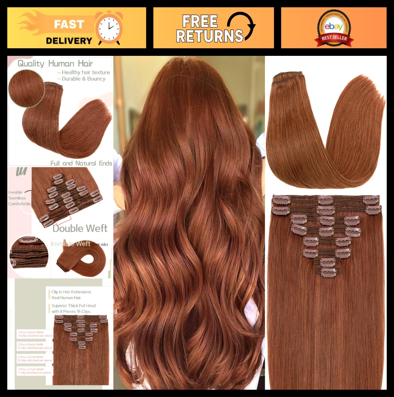 Thick Clip-In Human Hair Extensions 100% Remy Double Weft 18 Inch 140g Dark Aubu