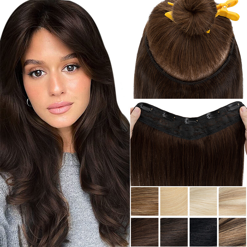 V-Shape One Piece Clip In Human Hair Extensions 100% Real Remy Hairpiece Long US