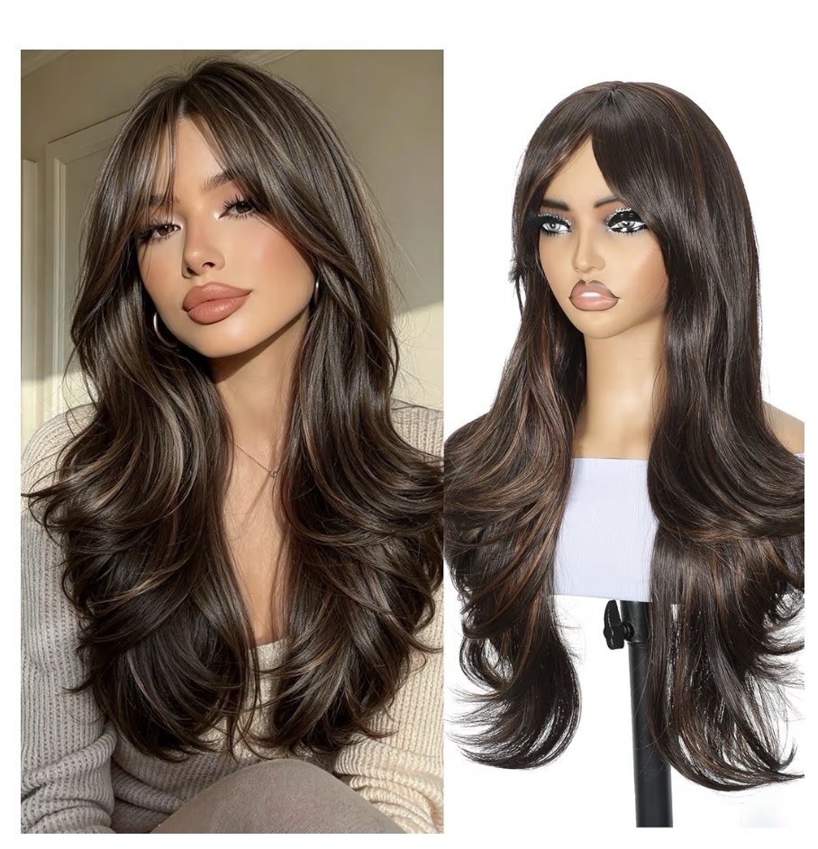 26in Synthetic Wavy Long Layered Wig w/ Bangs, Middle Part, Cap, Brown/Blonde