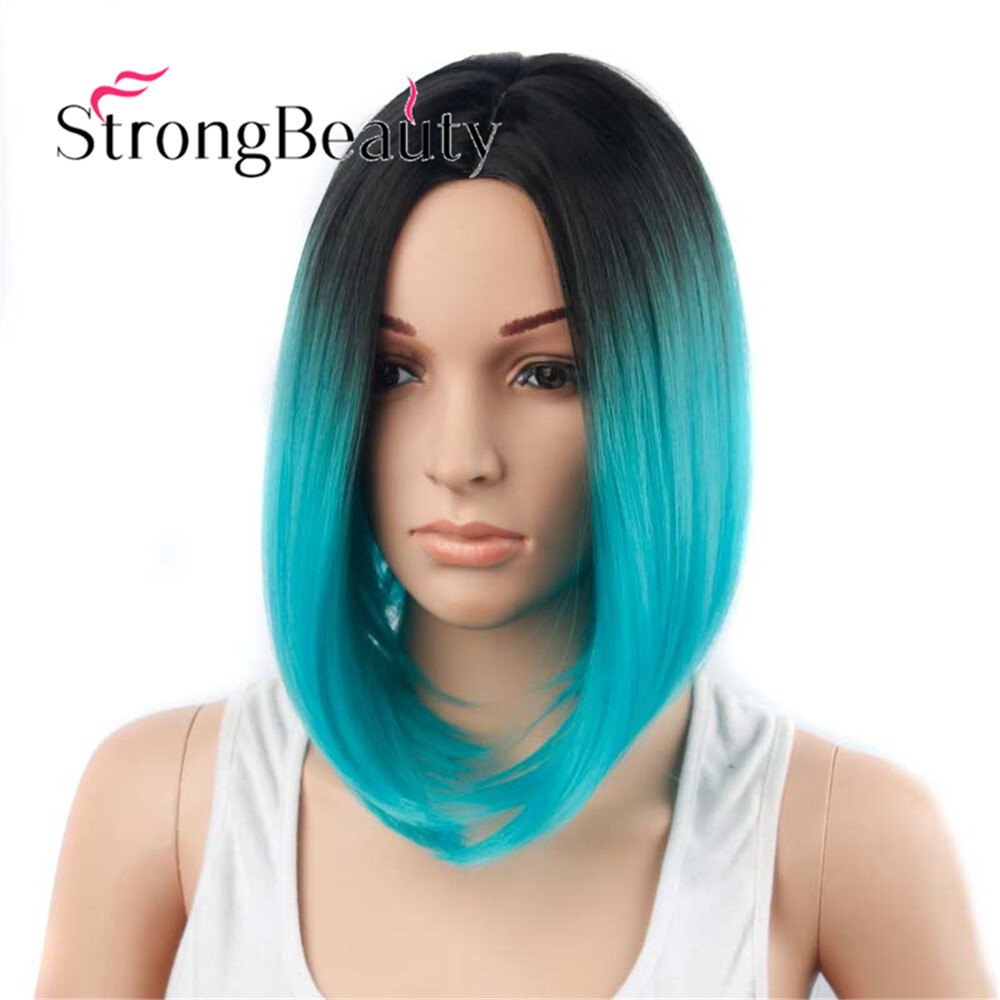 Synthetic Ombre Green Bob Wig Dark Roots Short Straight Hair Wigs for Women
