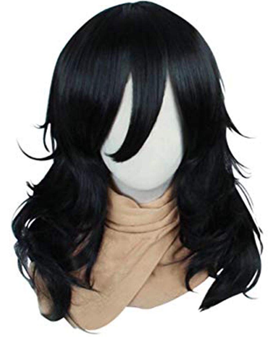 17in Black Long Wavy Wig with Bangs Mens Black Medium Length Wigs
