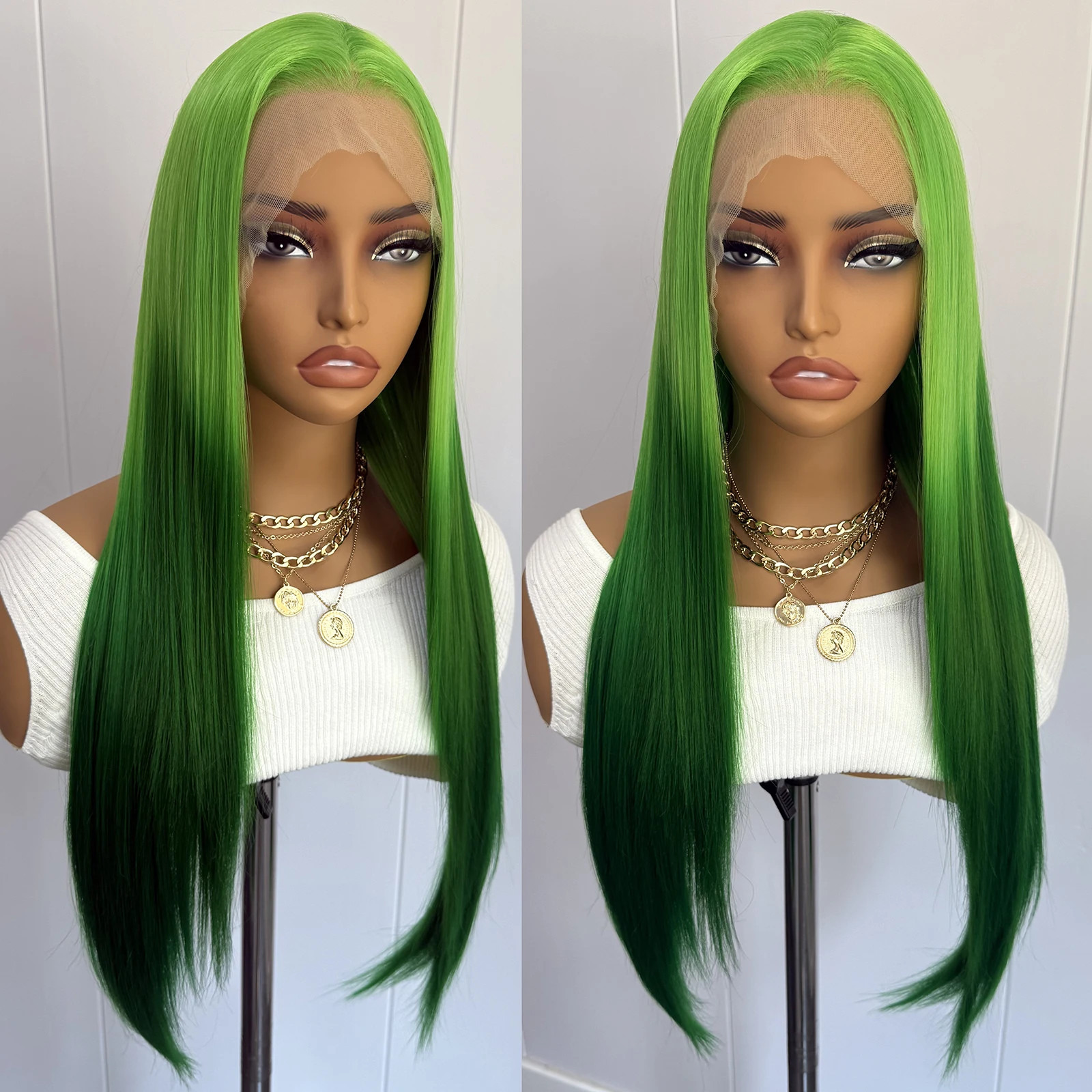 Ombre Green Lace Front Wig Synthetic Long Silky Straight Hair Daily Cosplay Wigs