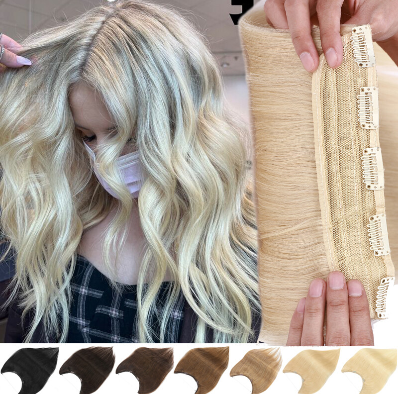 Clip in 100% Real Remy Human Hair Extensions 3/4 Full Head Blonde One Piece Weft