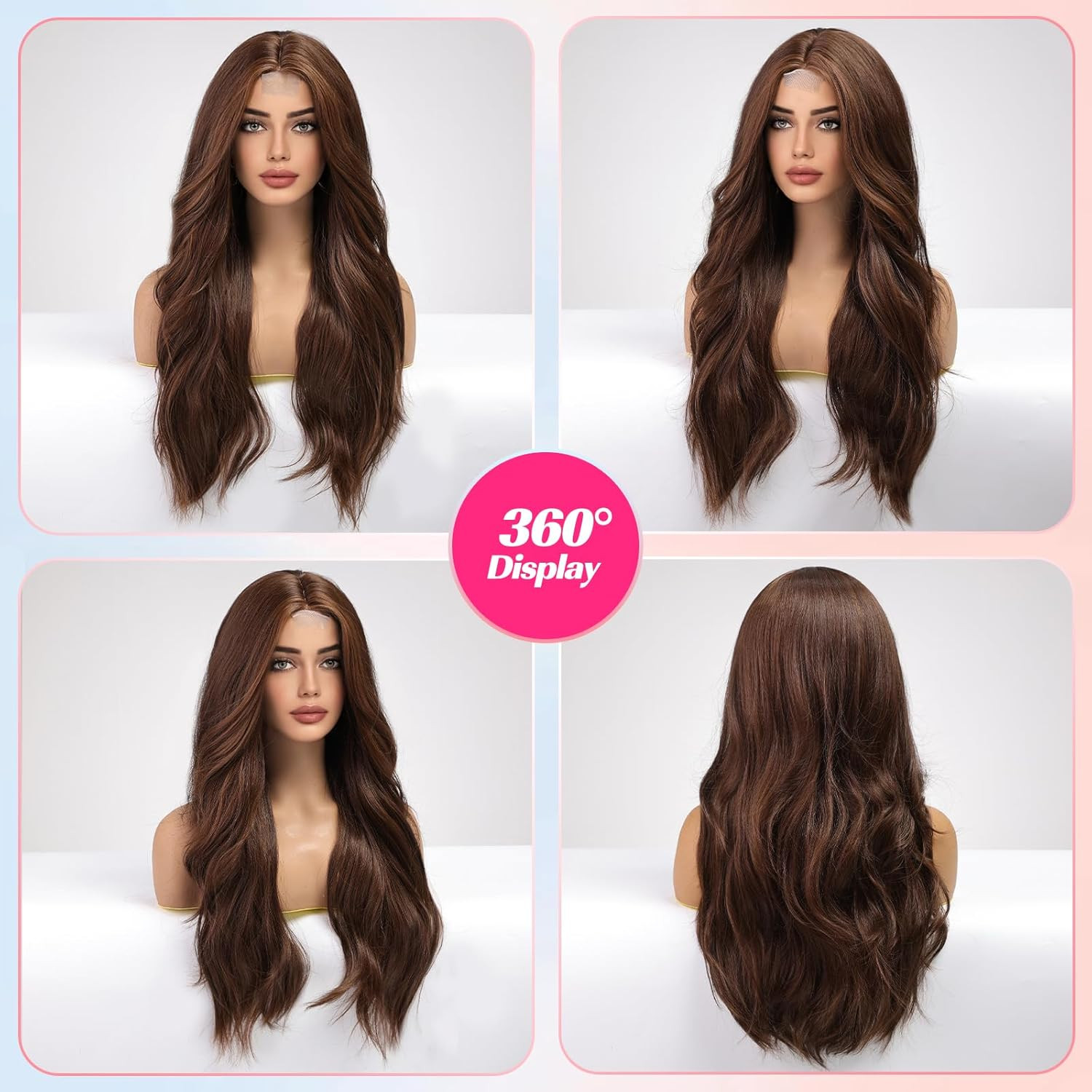Long Mixed Brown Wavy Wig for Women Lace Front Wigs Natural Looking 26 Inch Midd