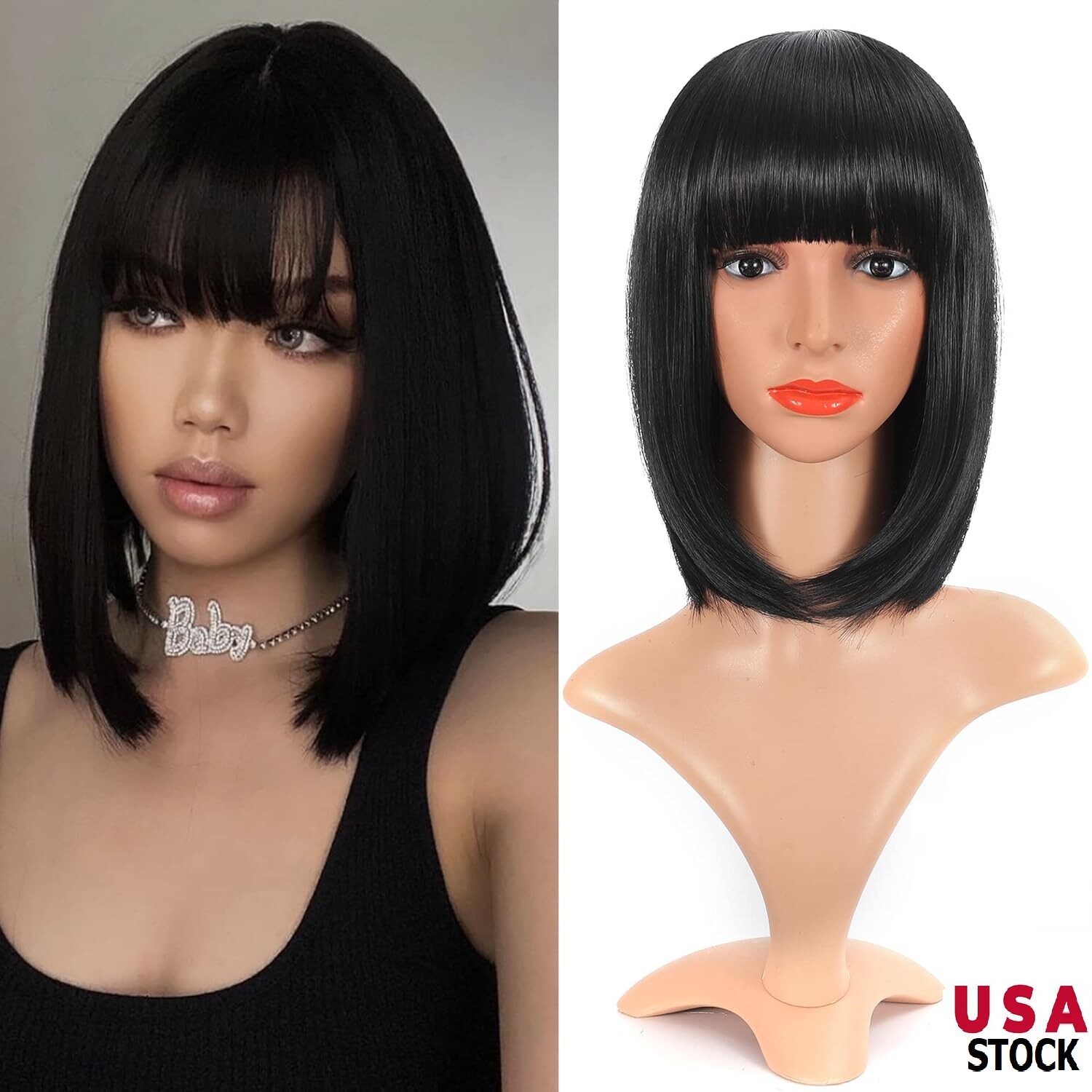 Women’s Full Bangs Black Straight Wigs Bob Natural Hair Full Wig 15″ Rose Net US