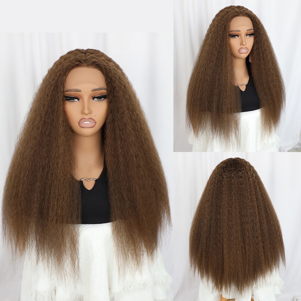 Kinky Straight Lace Front Wigs Synthetic Brown Human Hair Natural Pre Plucked