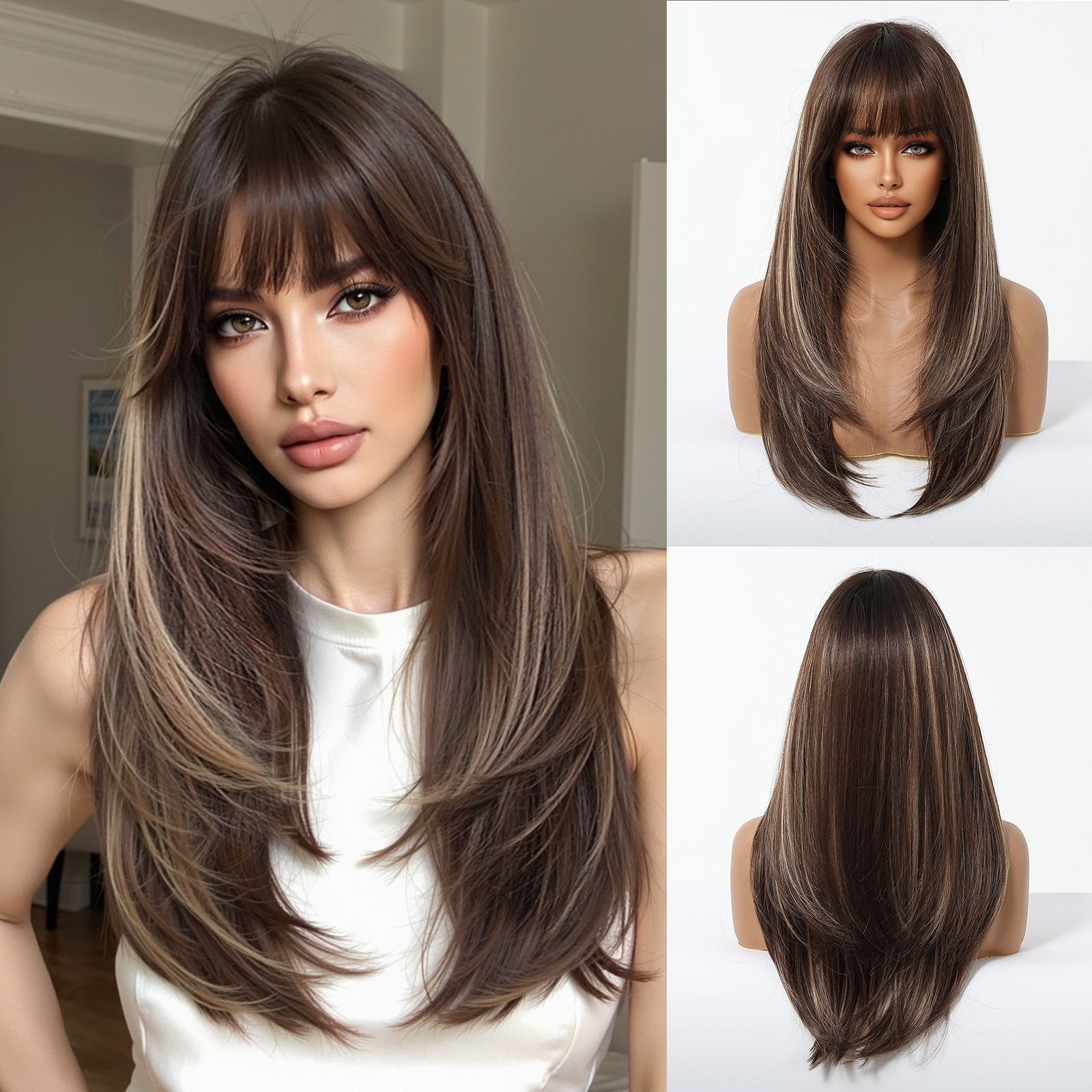 Dress Up Wig With Fringe Mixed Brown blonde Long Straight Synthetic Hair