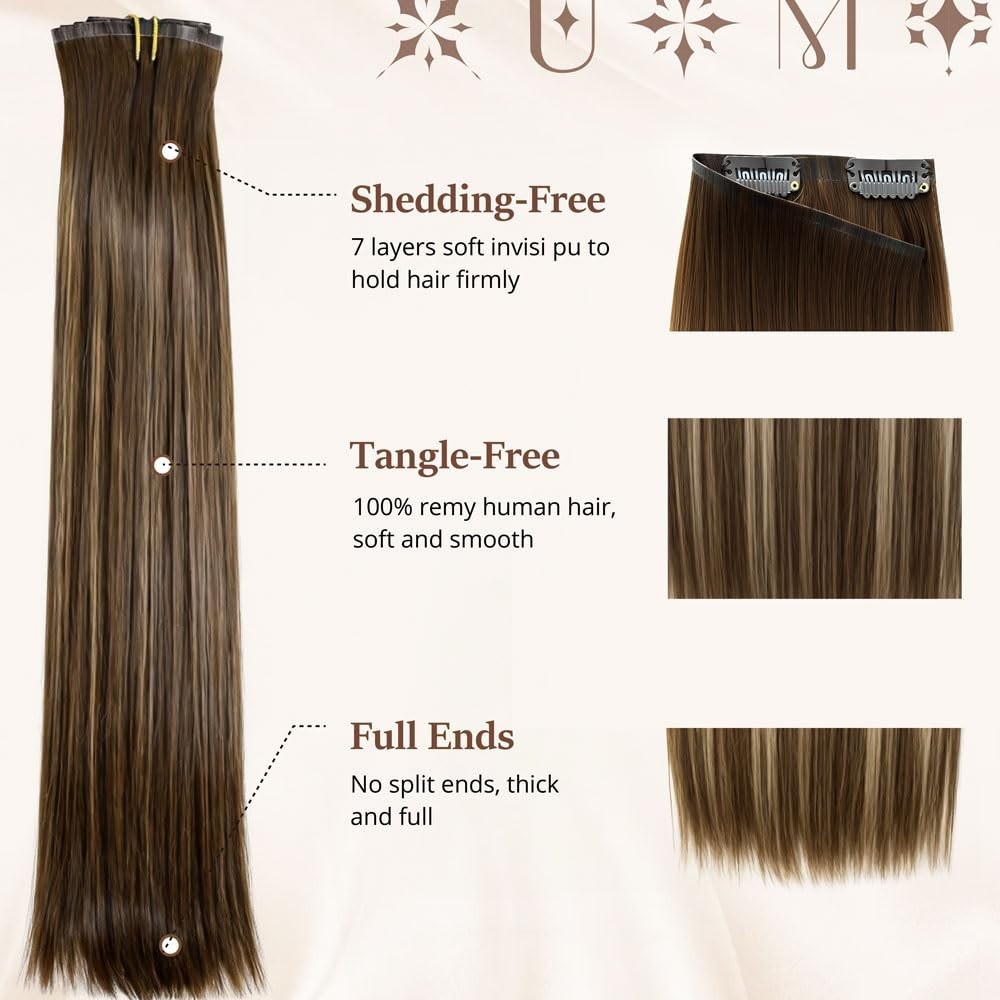 20″ 120g Clip-In Hair Extensions, Real Remy Human Hair, Balayage Brown to Blonde