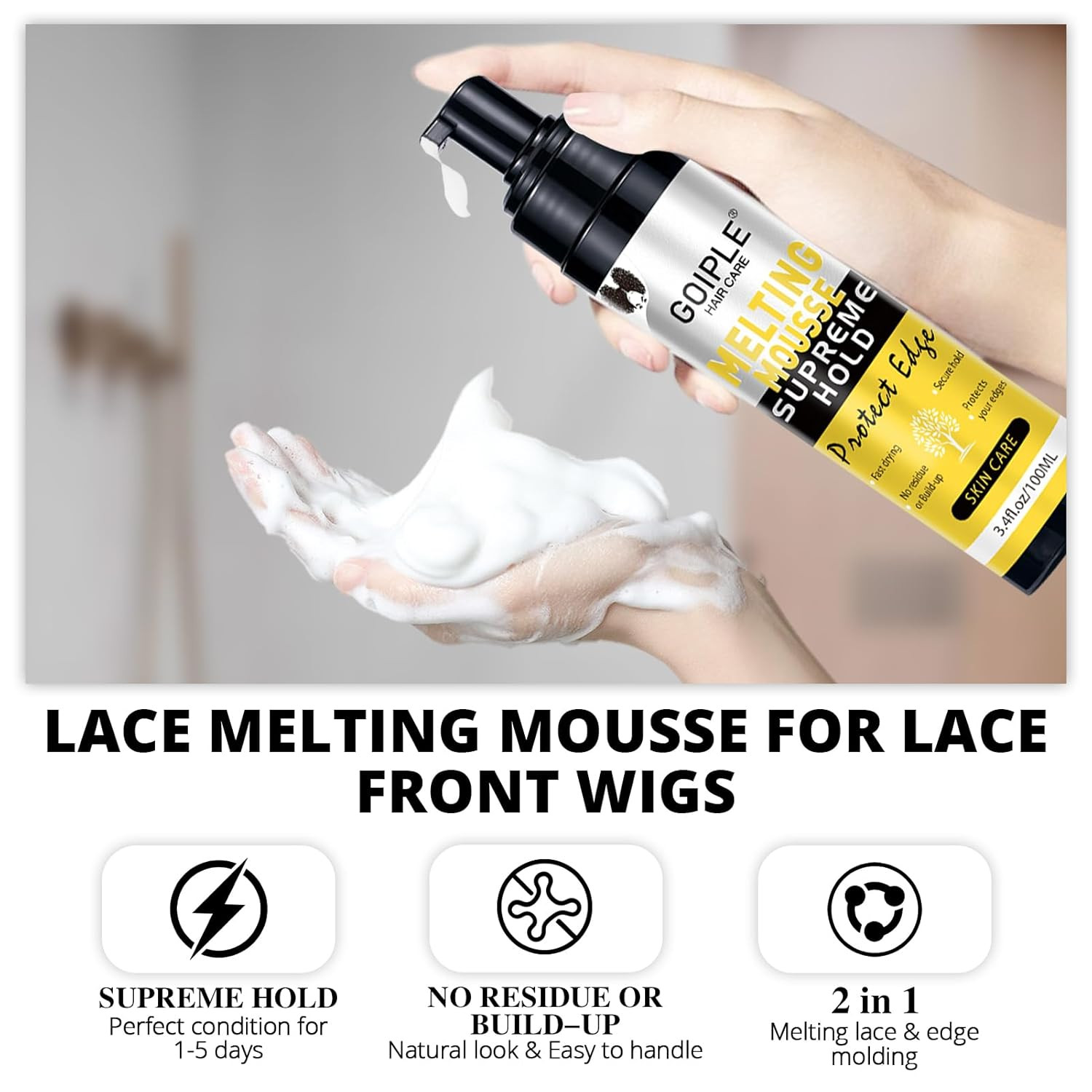 Lace Melting and Holding Mousse Glue-Less Hair Adhesive for Wigs, Wig Glue Lace
