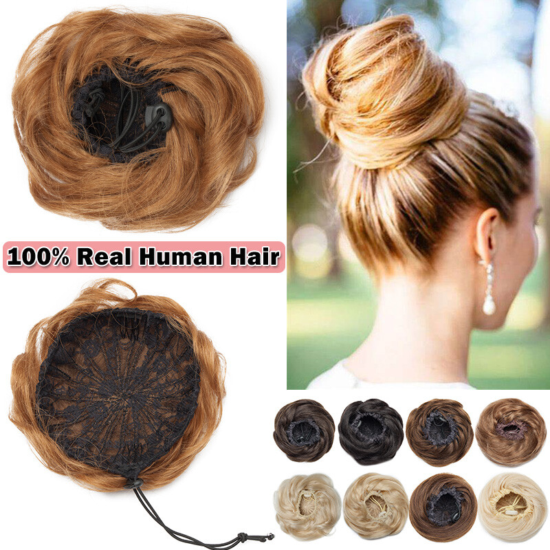 100% Real Human Hair Piece Clip In Wrap On Around Chignon Messy Bun Elastic Band