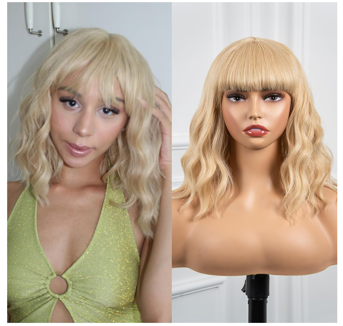 Short Wavy Bob Wigs With Bangs – 12 Inch Synthetic Wigs Blonde Glueless Bob Wigs