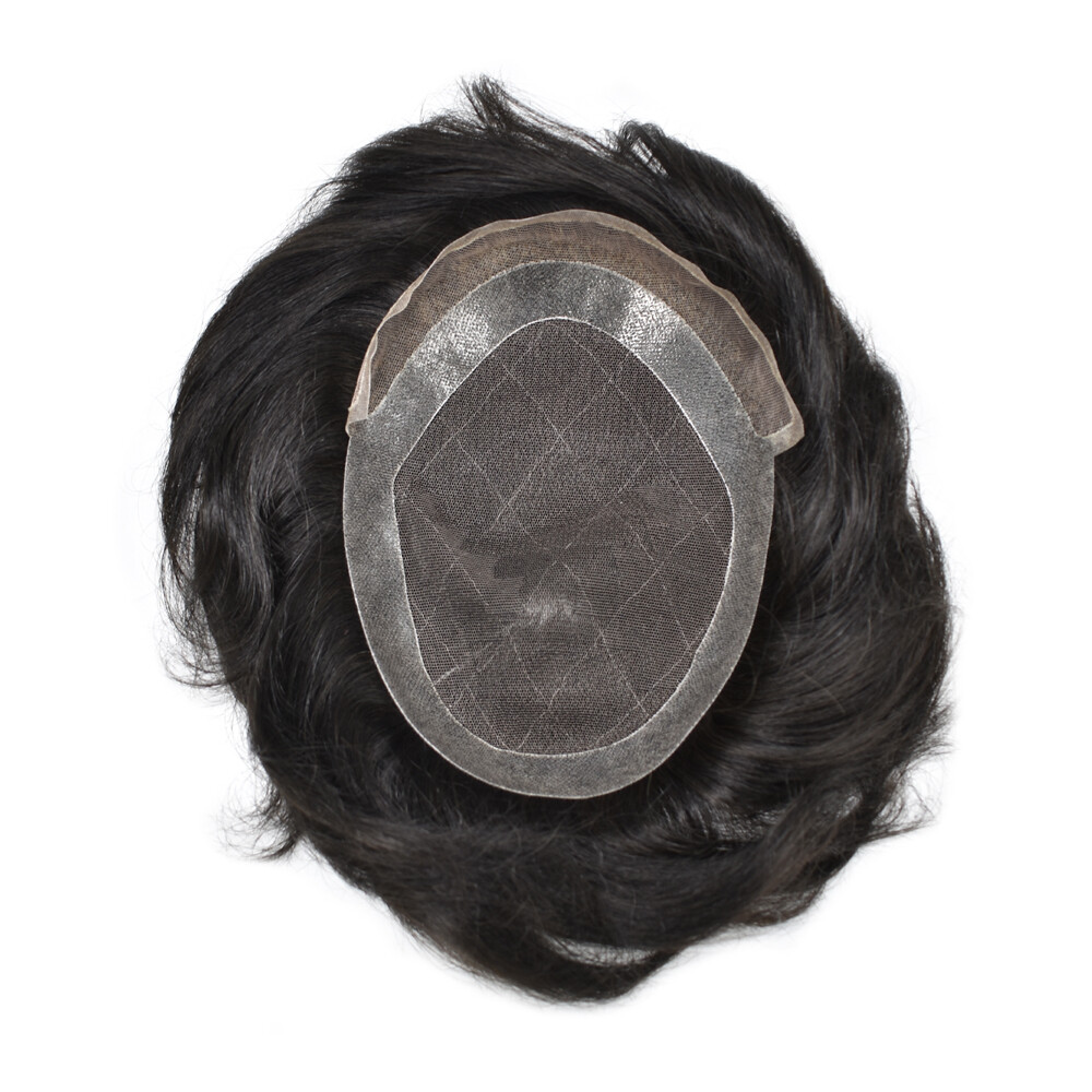 Mens Toupee French Lace Wigs Thin Skin Human Hair Replacement Natural Black F4-1
