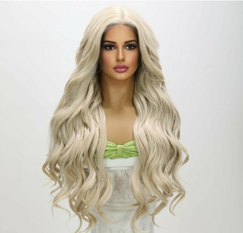 HD Lace Front Wig Light White Blonde Long Layer Human Hair Blend Highlights 30
