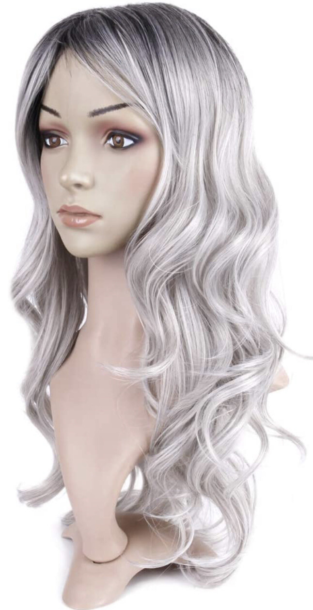 Queentas-Silver Gray Ombre Long Wavy CurlyWig WomenSynthetic Hair PU 20” 1B Gray