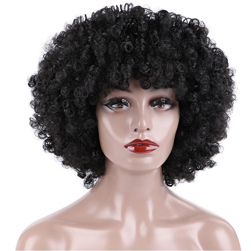 Black Fluffy Afro Short Curly Synthetic Full Wig for African American Women
