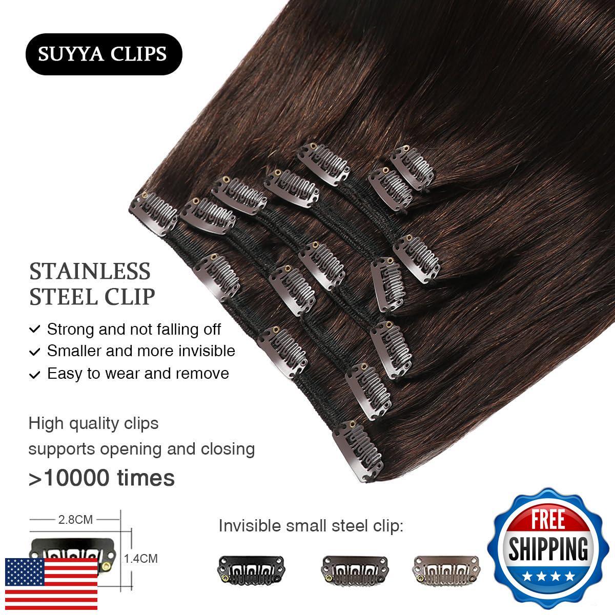 SUYYA Real Human Hair Clip in Extensions – 7 Pcs Straight Remy Hair Clip ins