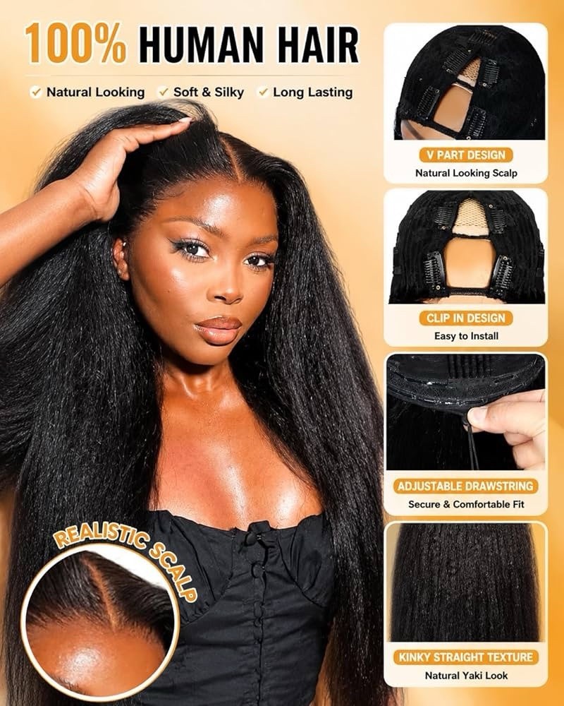 18Inch V Part Kinkystraight Wig Human Hair with Drawstring 250%
