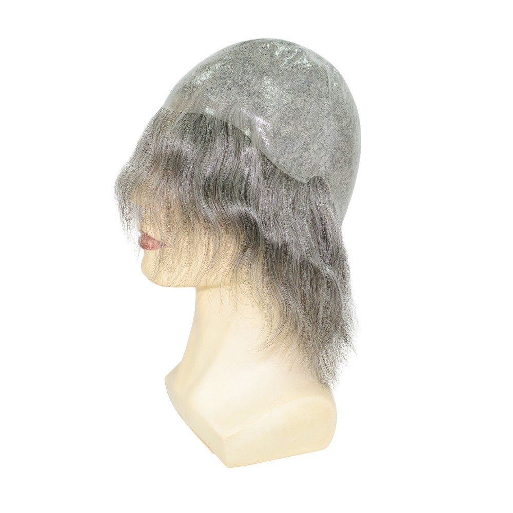 Mens Human Hair Full Head Wigs Thin Poly Skin Grey Wig Medium Size 6” #1B65