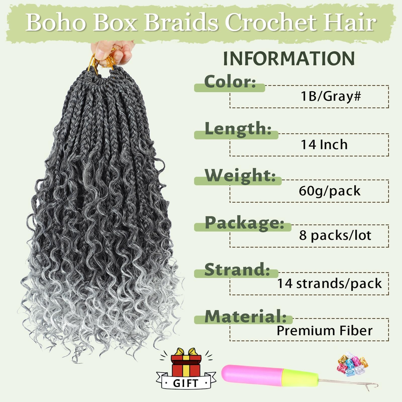 Goddess Box Braids Crochet Hair 14 Inch 8 Packs Pre-looped Bohomian Crochet B…
