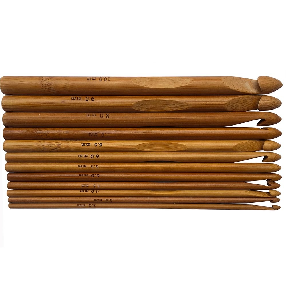 12pcs 6″ Bamboo Crochet Hooks Needle Knitting 3.0mm to 10.0mm, Brown