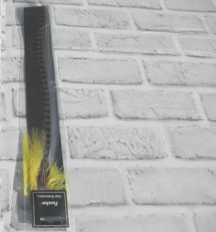 NEW SYNTHETIC FEATHER HAIR EXTENSION (YELLOW, GRAY, BROWN W/STRIPES) 15″ LONG #7
