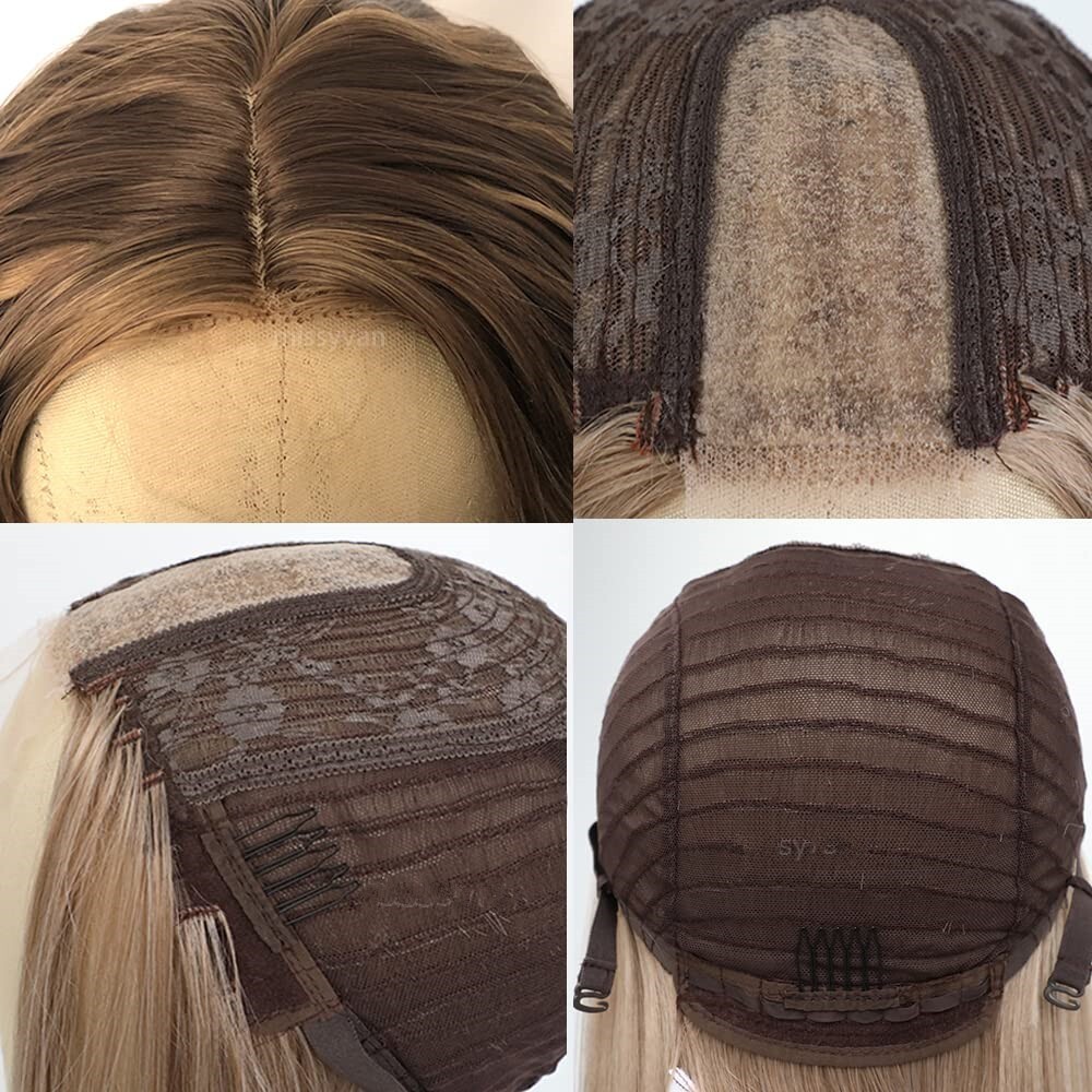 Long Wavy Synthetic Wig Mixed Brown Blonde Color Hair Highlight Lace Front Wigs