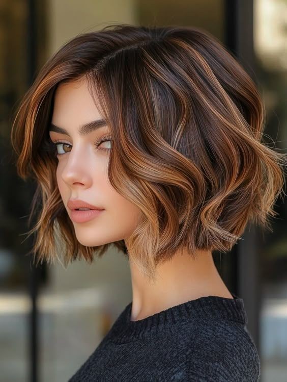 Short Bob Brown Wigs with Auburn Highlight Wigs 100% Human Hair Lace Front Wigs
