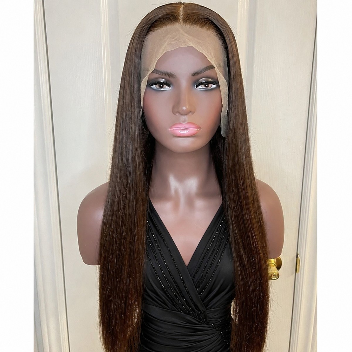 Frontal Lace Wigs Long Straight Pre Plucked Brown Heat Resistant Synthetic Hair