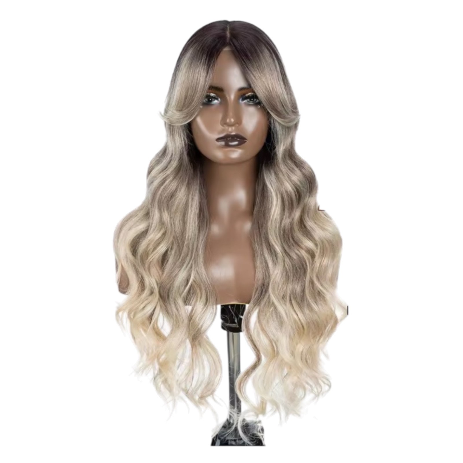 28″ Ombre Blonde Lace Front Wig Long Wavy Synthetic Wig with Butterfly Bangs