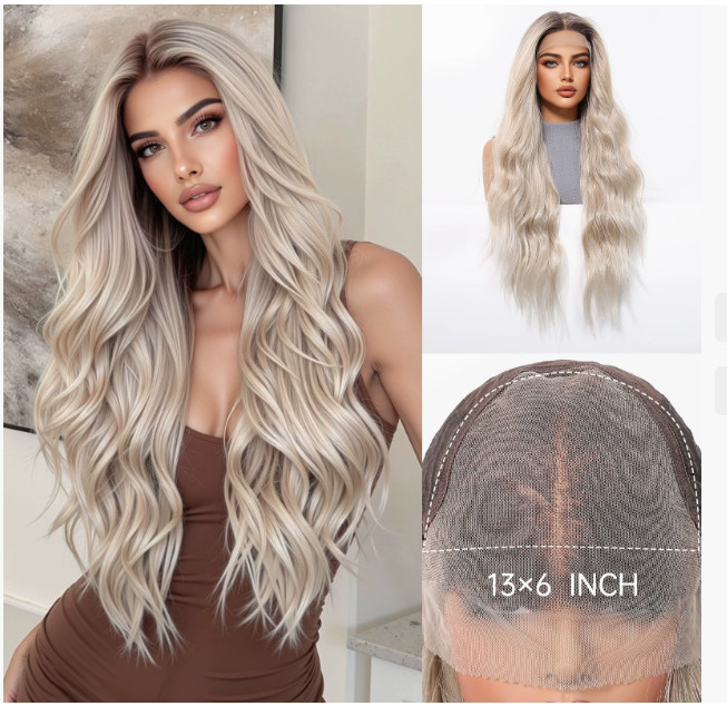 Long Wavy Large Lace Front Cap Rooted Blonde Mix Synthetic Hair Wigs Women Soft