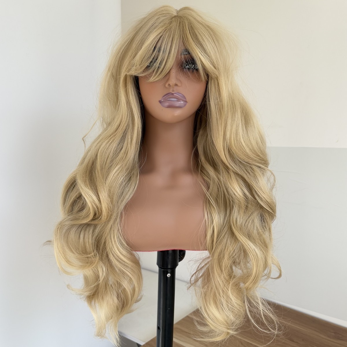 Light blonde Halloween Synthetic Hair Dress Up Wigs With Bangs Long Wavy