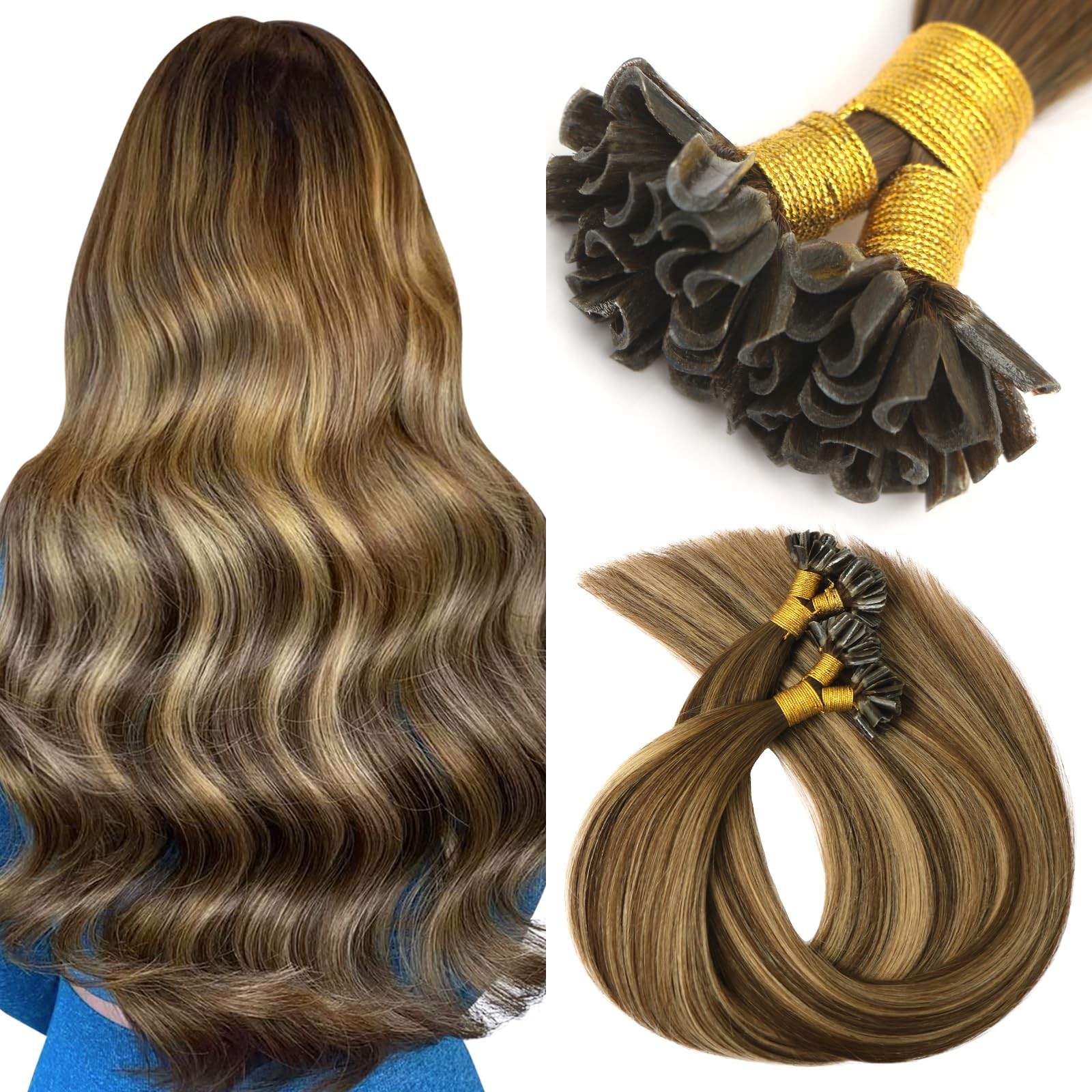 Vinbao U Tip Hair Extensions Human Hair 40G 50S Dark Brown Balayage Caramel