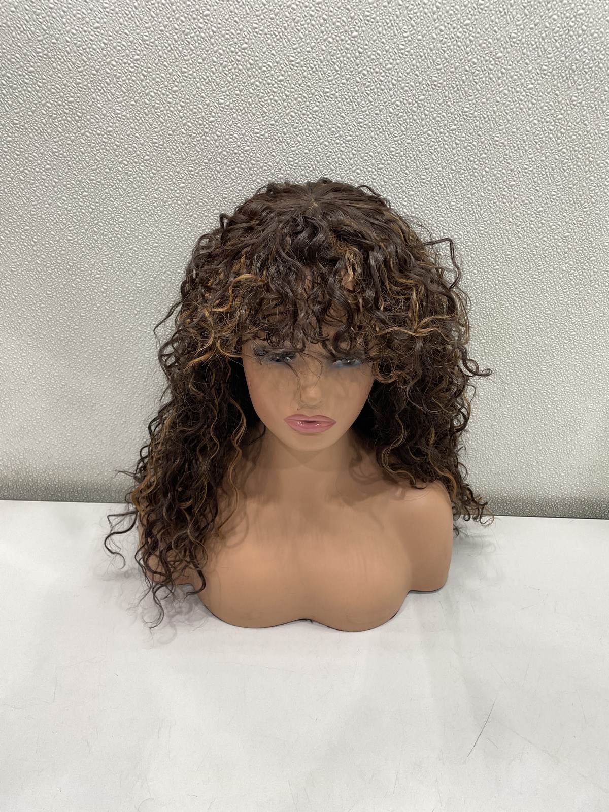Gorgius Brown Highlights Fiber & Human Hair Blend Curly Wig With Bangs 20″
