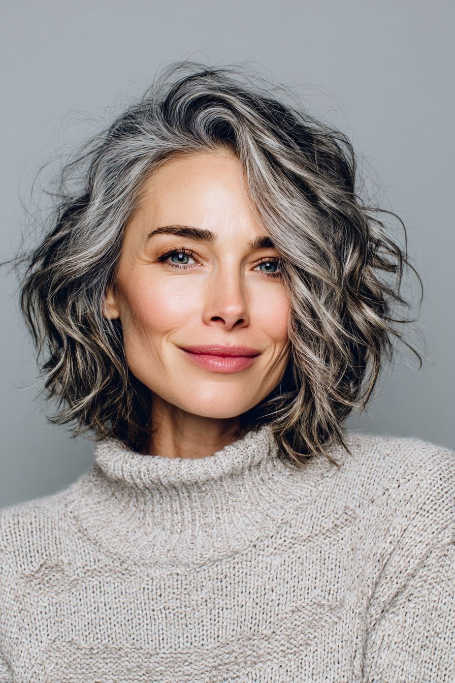 Balayage Black with Gray Highlight Wave 100% Human Hair Lace Front Wigs 8inch