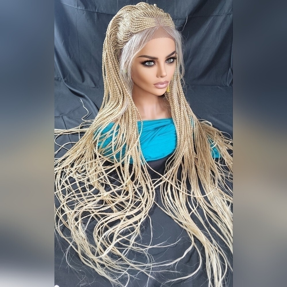 Braided Wig Full Lace 32″ Blonde Ombre Micro Braids Glueless Handmade NWT Long