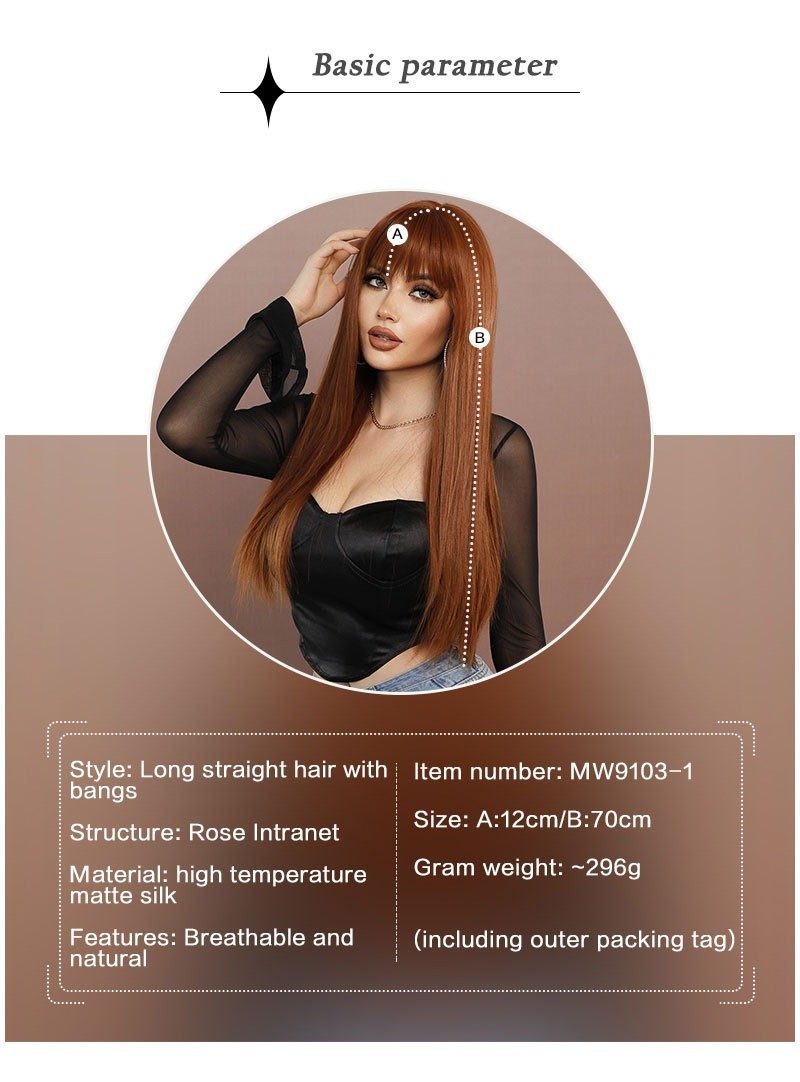 Long Straight Ginger Wig with Bangs for Women Synthetic Hair