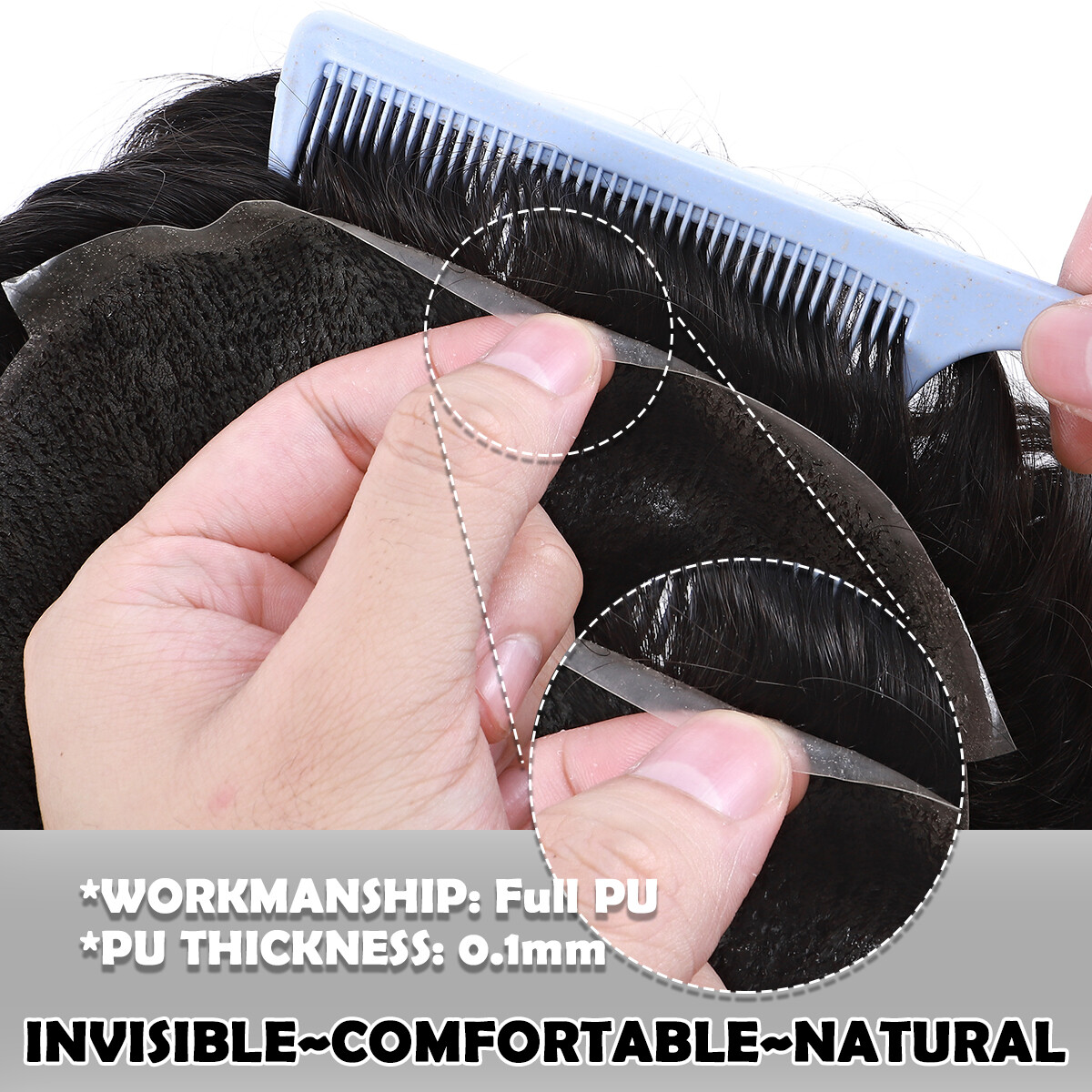 Men Toupee Hairpiece Tape In Human Hair Thin Skin V-loop Replacement System Gray