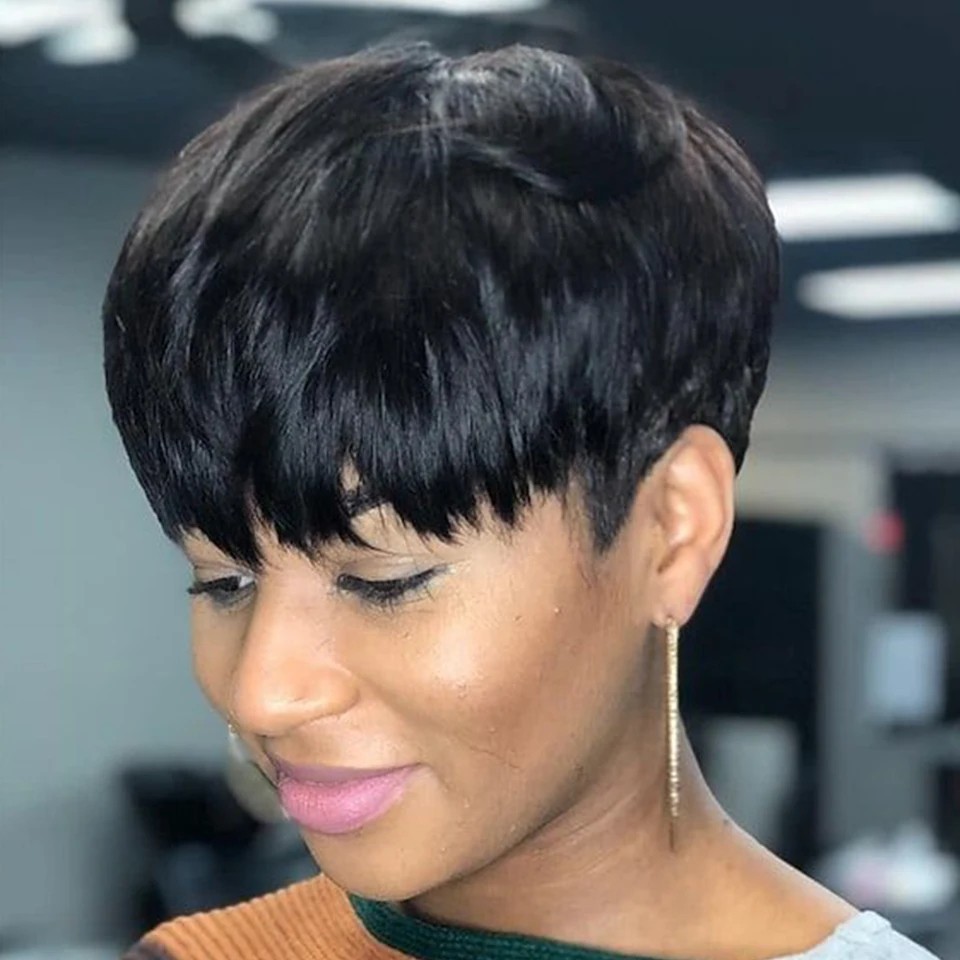 Pixie Short Cut Colored Straight Human Hair Wig Bangs Women Fashion Beauty Gift