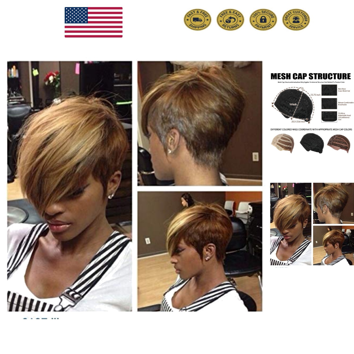 Stylish Mixed Blonde Brown Bangs Pixie Wig for Women – Comfortable & Adjustable