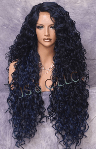 Human Hair Blend Full Lace Front wig Long Curly Blue Black Mix Heat OK DOM