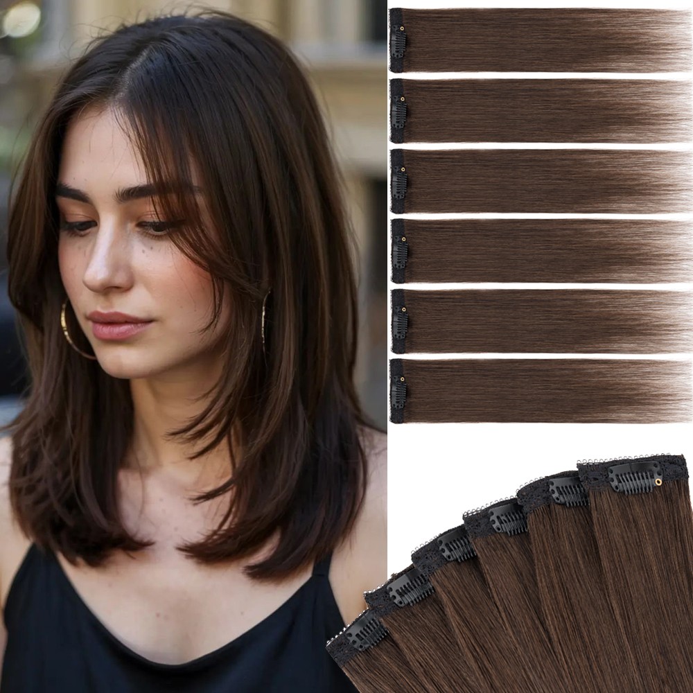 6pcs Clip in Real Human Hair Extensions Hairpiece Short Straight Lace Weft #Pink
