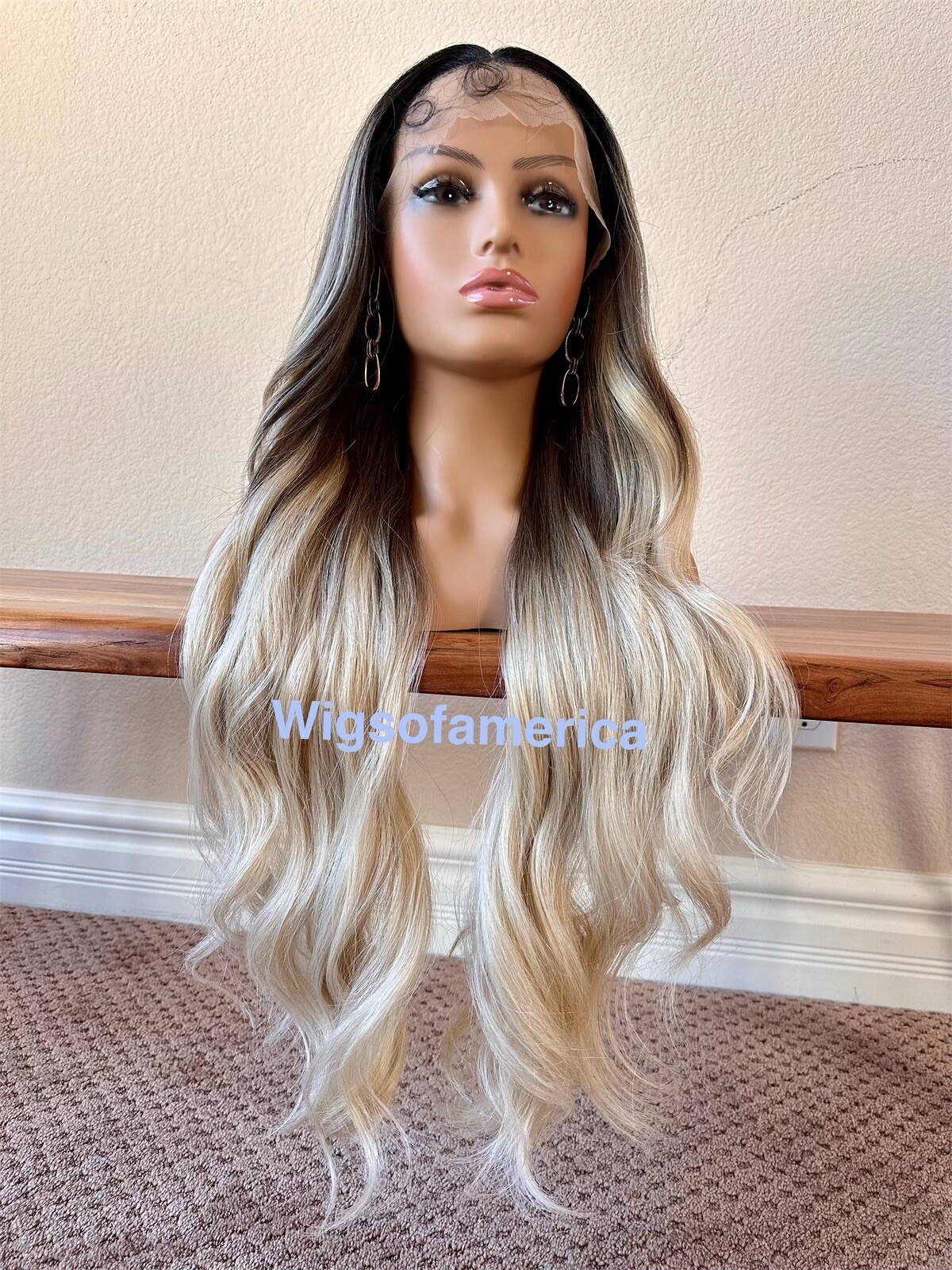 Golden Ash Blonde Wig Ombré Black Lace Front Middle Part Heat Ok