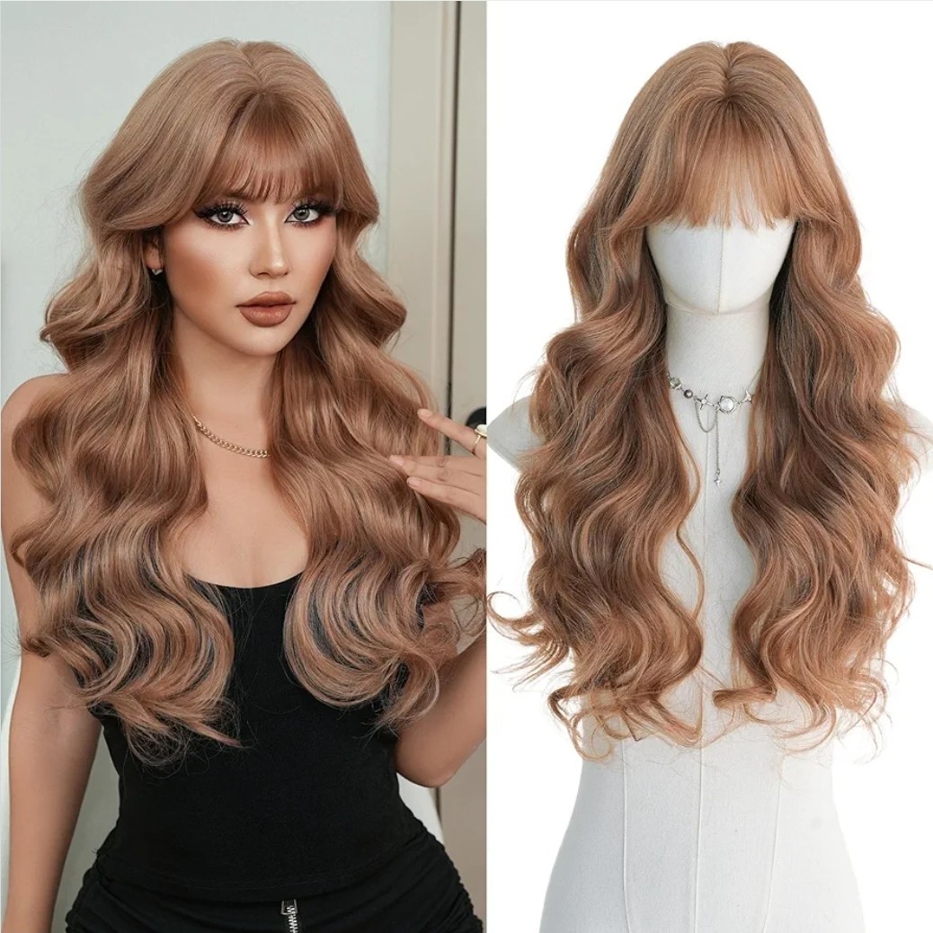 Long Strawberry Blonde Auburn Red Full Wig Human Hair blend layers bangs