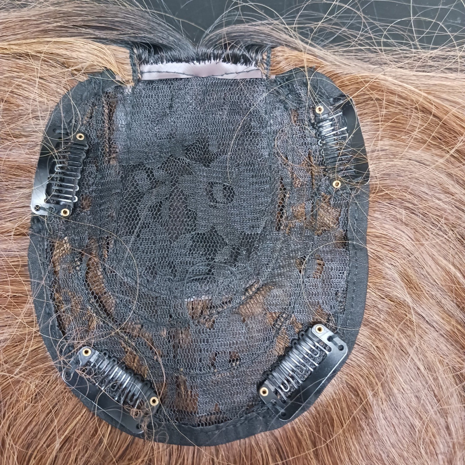 Hair Topper Golden Brown Dark Roots Clip-In center part Wavy Synthetic Hairpiece