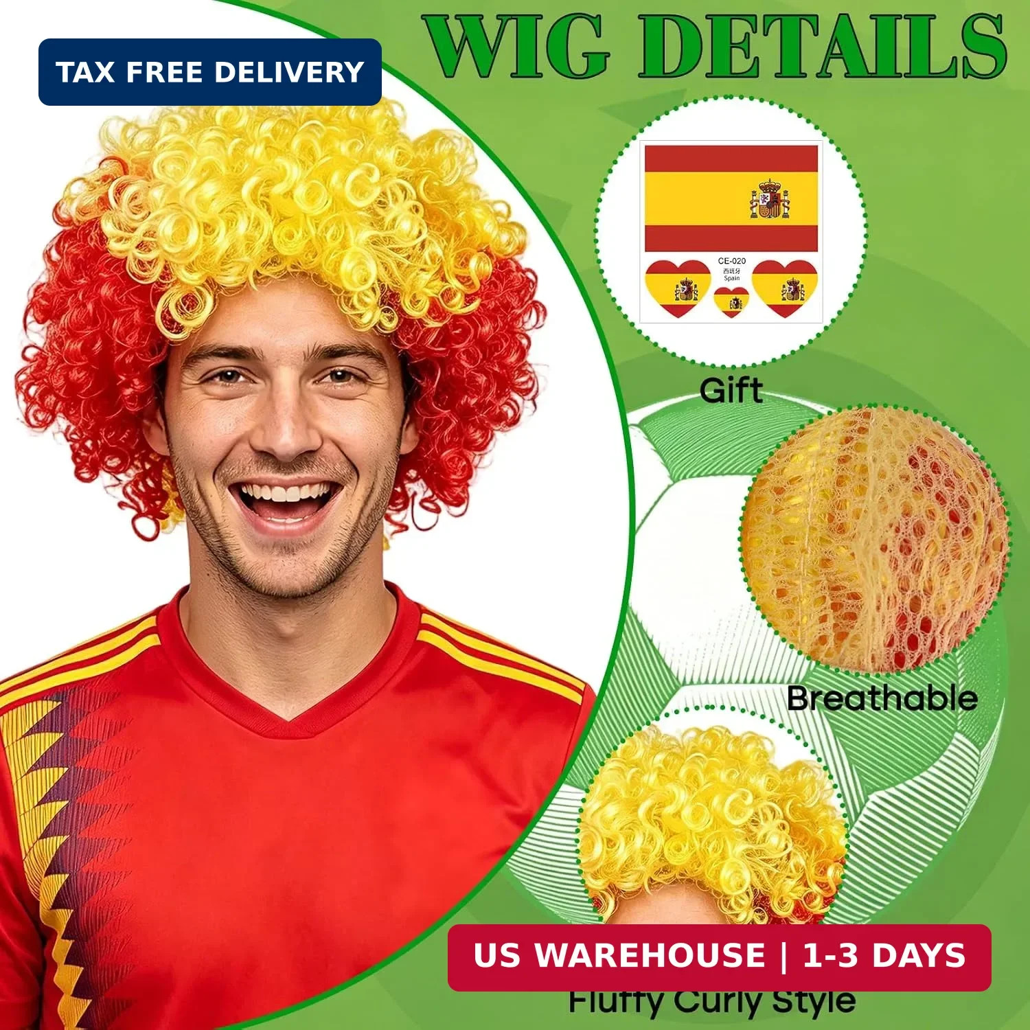 MEEZY Spanish Flag Colored Afro Wig for Men Women 2026 World Soccer Championship