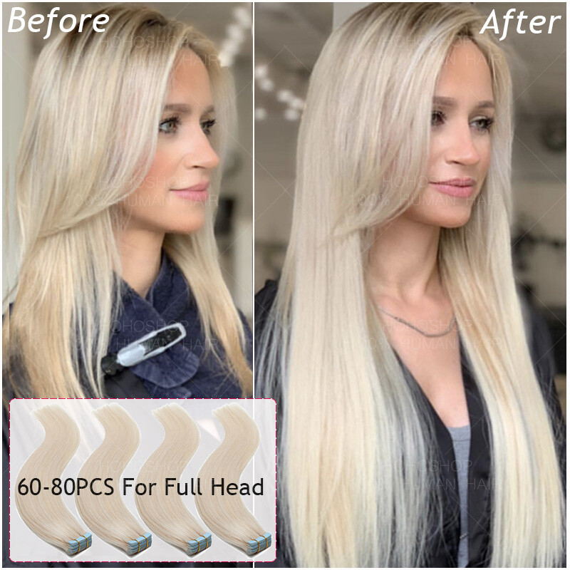 Ombre 150G Tape In Russian Remy Human Hair Extensions Full Head Skin Weft Blonde