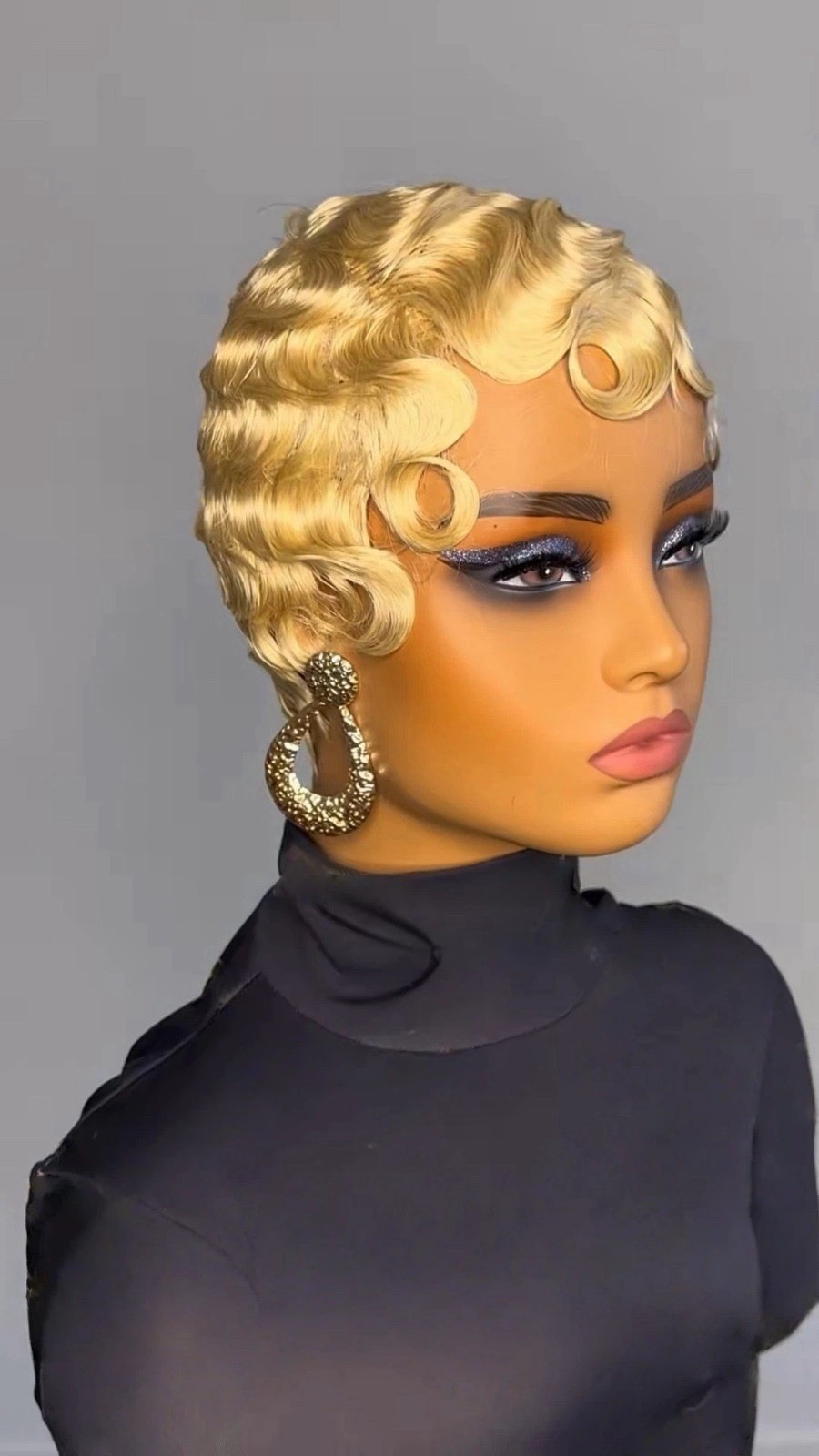 Lace Front Human hair Finger Wave Wavy Wig Blond Side Part Clip-In Short Layered