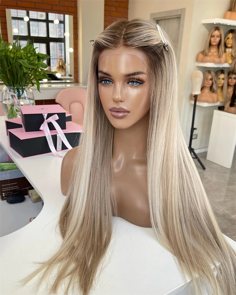 Highlight Ombre Ash Blonde Wig 13×4 Straight Remy Human Hair Lace Front Wigs