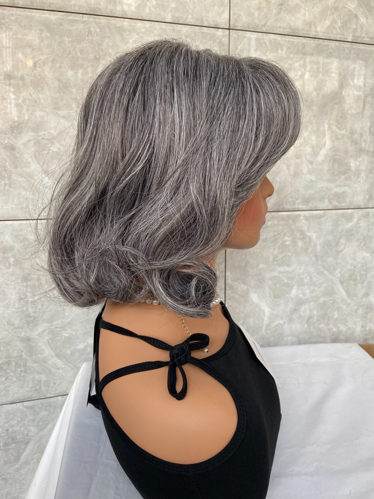 Salt and Pepper Medium Bob Wavy Gray 100% Human Hair Blend Wig Women Natural