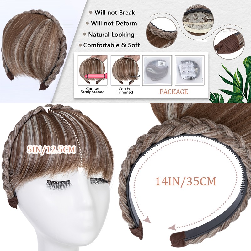 Headband Wig with Front Bangs + Topper Hair Headband Braid Wig for Women Girls